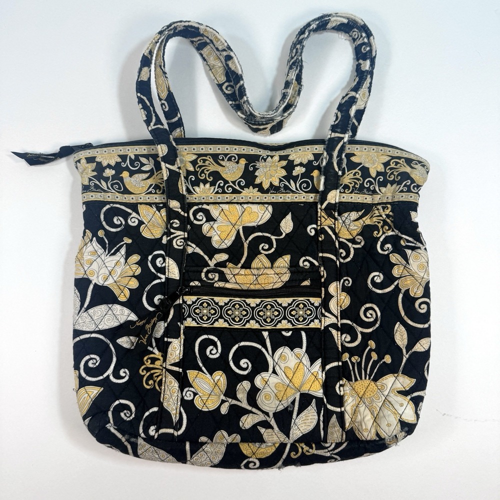 Vera Bradley Yellow Bird Large Quilted Tote Bag Black Floral Bird Print Retired